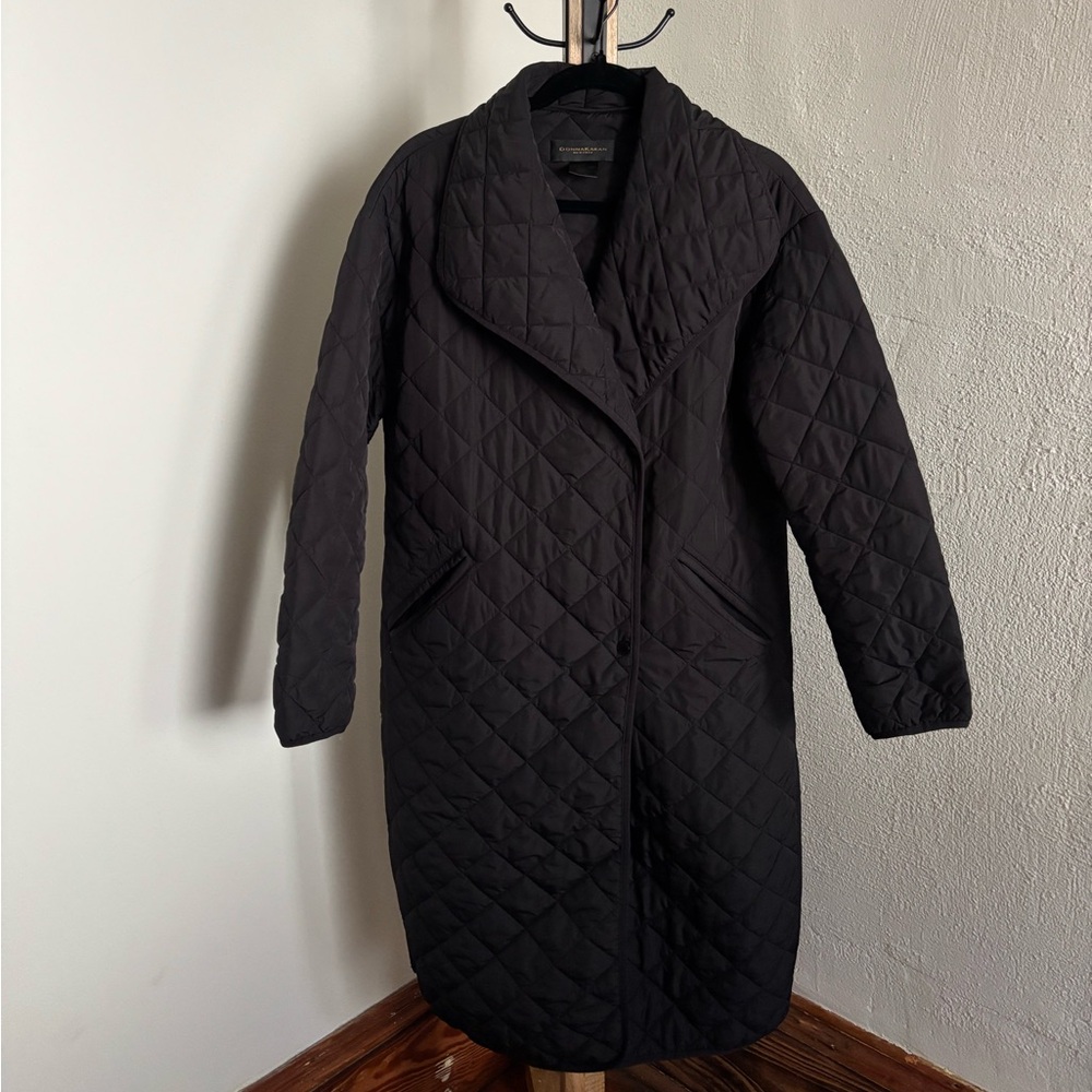 Donna Karan Coat with Oversized Collar | Black Quilted Jacket | Lightweight Coat